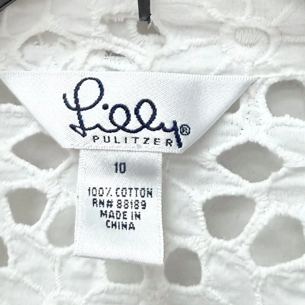 Vintage Lilly Pulitzer White Cotton Eyelet Lace Button Down Shirt Rose Buttons